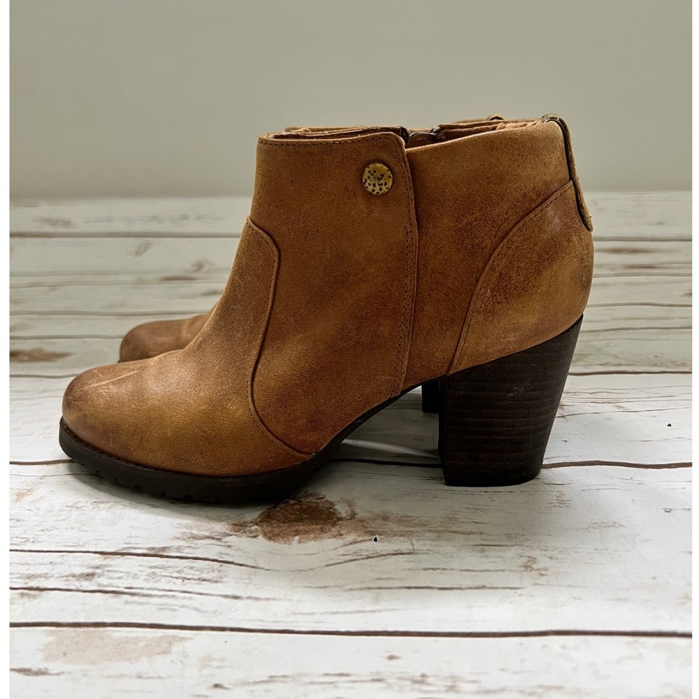 Clarks Indigo Ankle Boots Tan Leather Block Heel Side Zip 6.5M
